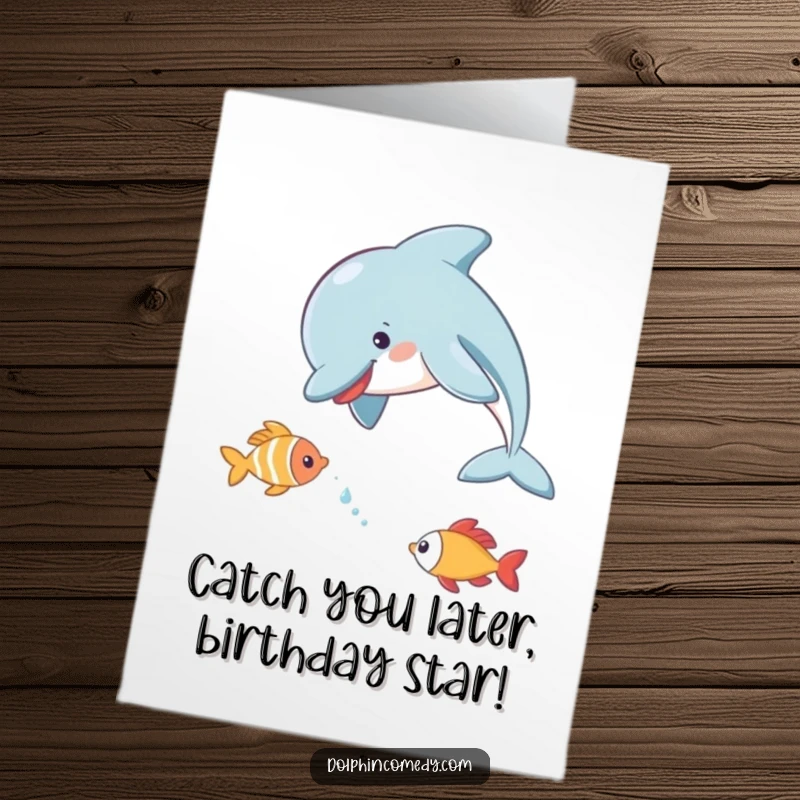 Funny Free Printable Birthday Card: Dolphin joyfully chases a small fish, capturing playful underwater antics, downloadable.