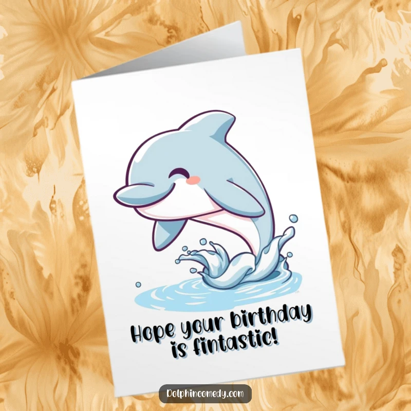 Funny Free Printable Birthday Card: A happy dolphin with a wide smile leaping joyfully out of the water. Aquatic fun.