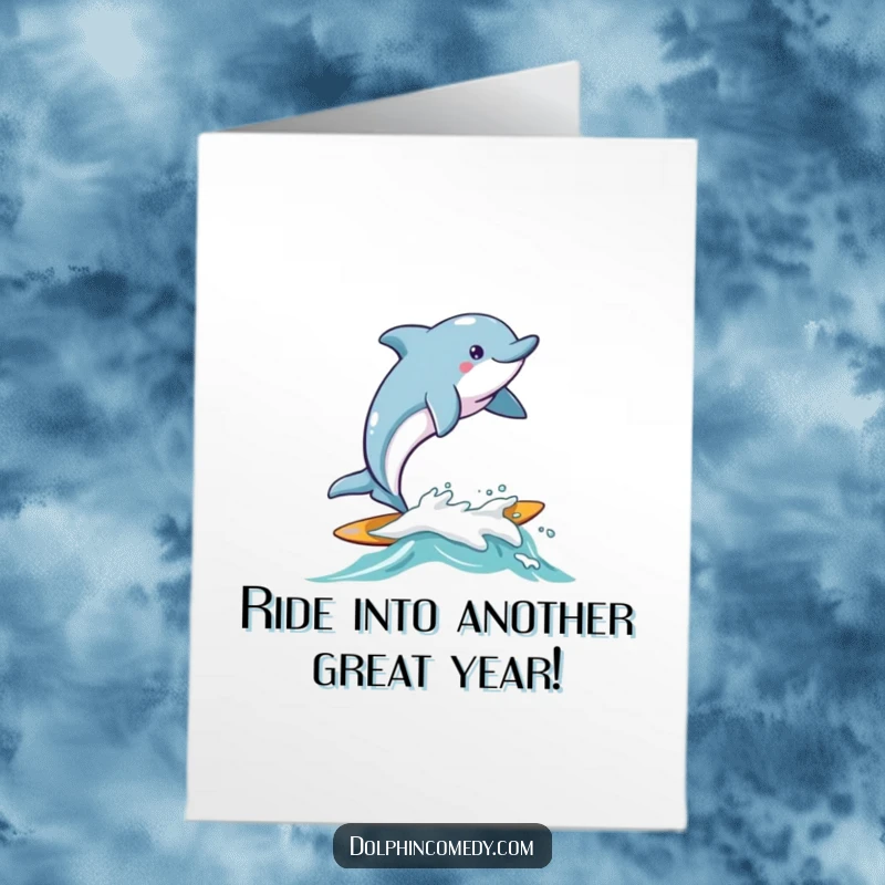 Free Printable Birthday Card: A dolphin beams with joy while happily surfing on a small, friendly wave.