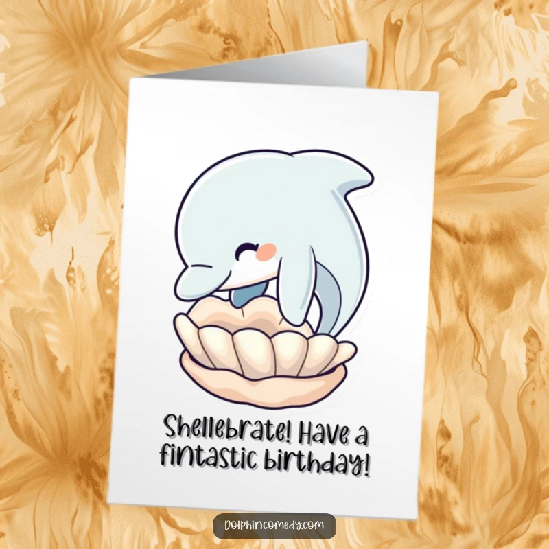 Funny free printable birthday card: a dolphin playfully nudging a seashell, wishing a fin-tastic happy birthday.