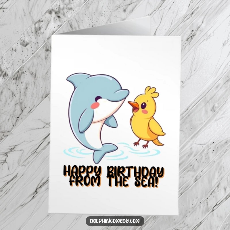 Funny Free Printable Birthday Card showing a dolphin with a warm smile surfacing to greet a friendly bird overhead.