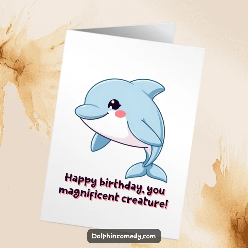Free Printable Birthday Card: A dolphin with a big, friendly grin swims swiftly, bringing birthday cheer.