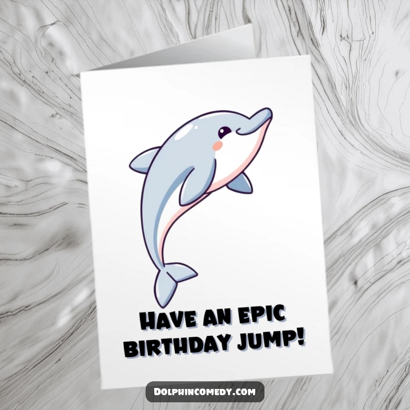 Funny Free Printable Birthday Card: A delighted dolphin gracefully arcs through the air, celebrating a special day.