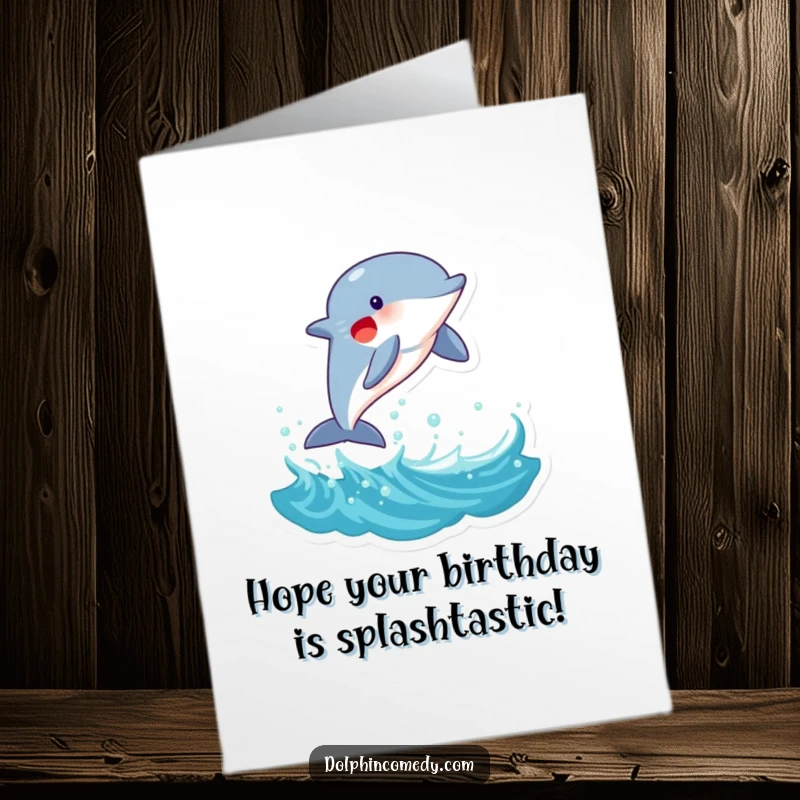Funny Free Printable Birthday Card: A joyful dolphin leaps exuberantly out of a wave, a downloadable gift for a happy celebration.