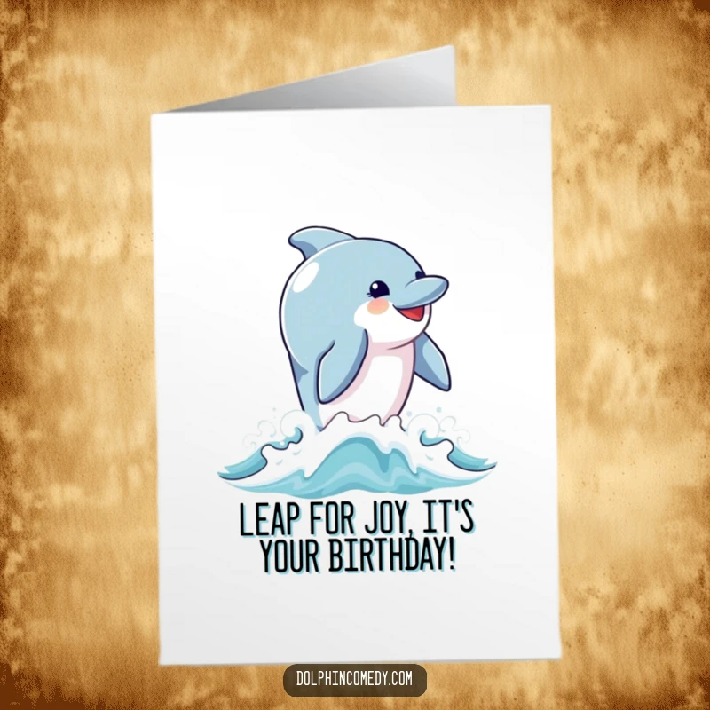 Funny Free Printable Birthday Card: A dolphin joyfully leaps from ocean waves, conveying pure birthday happiness and fun.