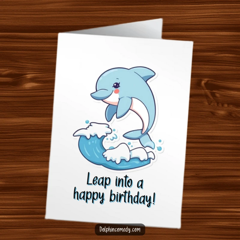 Funny Free Printable Birthday Card of an ecstatic dolphin joyfully leaping high over a crashing ocean wave.