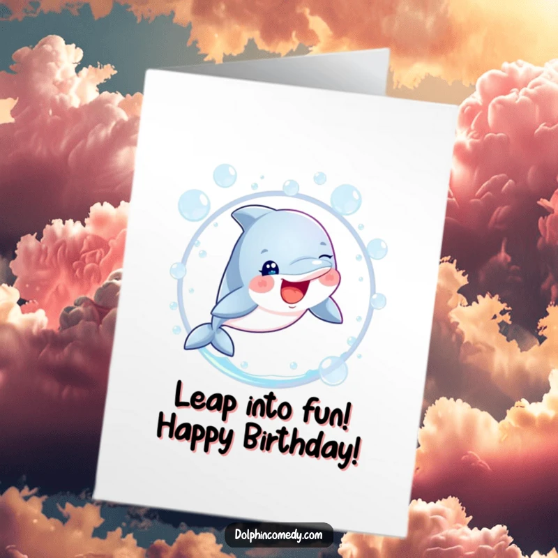 Funny Free Printable Birthday Card: A bright-eyed dolphin joyfully leaps through a sparkling hoop of bubbles in the ocean.