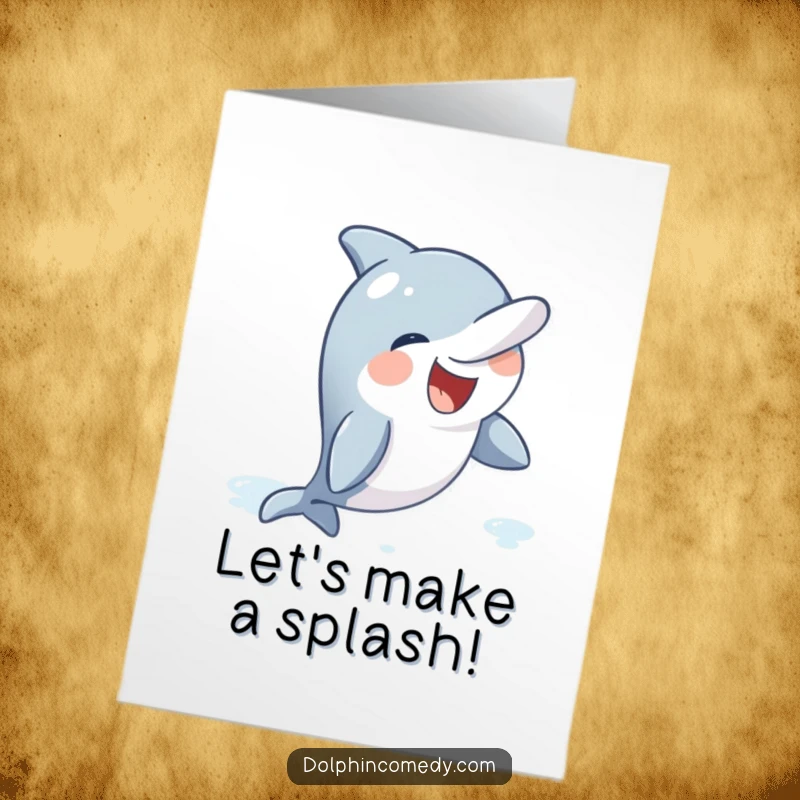 Funny Free Printable Birthday Card: A giggling dolphin waves its raised fin, inviting everyone to join the birthday fun.