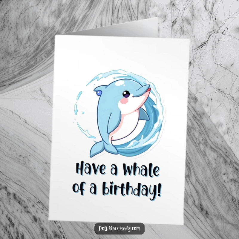 Funny free printable birthday card: a playful dolphin twirling gracefully in a wave, its eyes sparkling with delight.