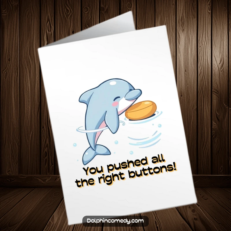 Funny Free Printable Congratulations Card of a dolphin engaging in playful interaction with a buoyant item.