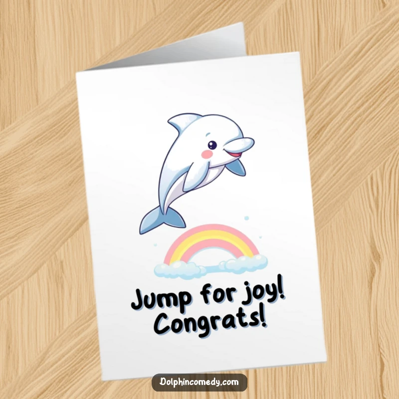 Funny Free Printable Congratulations Card of an energetic dolphin jumping high over a dazzling rainbow.