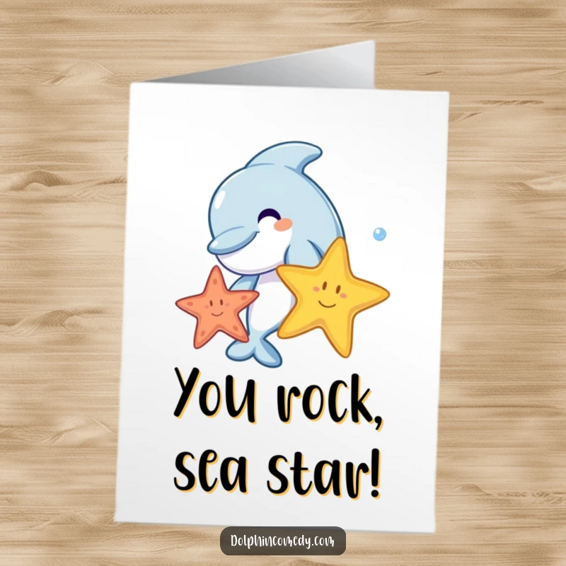Free Printable Congratulations Card: A happy dolphin joyfully leaping and playing with a bright starfish, celebrating success.