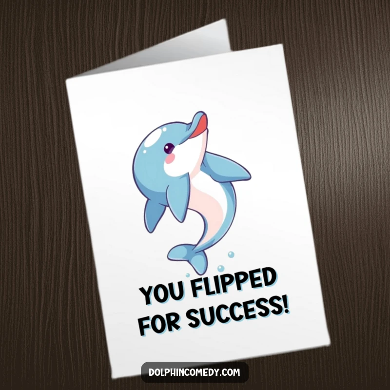 Funny Free Printable Congratulations Card: A playful dolphin executing a perfect somersault, symbolizing celebration and achievement.