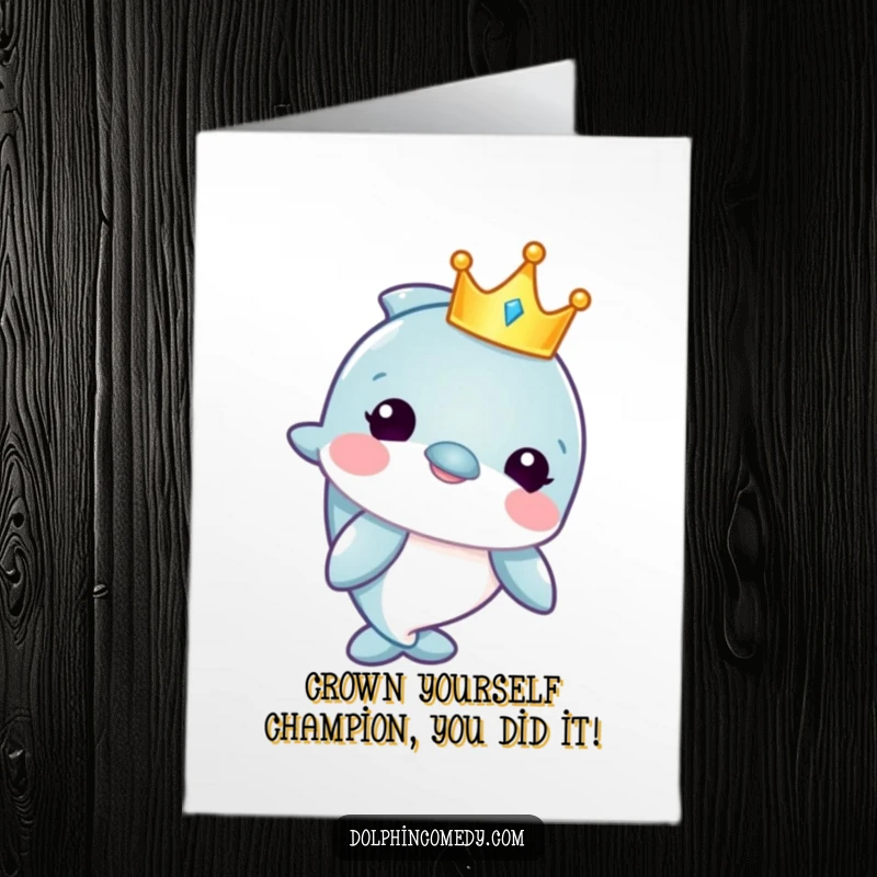 Funny Free Printable Congratulations Card: A majestic dolphin adorned with a tiny crown, celebrating your success with aquatic royalty.