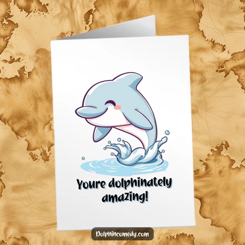 Funny Free Printable Congratulations Card: A smiling dolphin leaping high from the water, celebrating achievement. Ocean theme.
