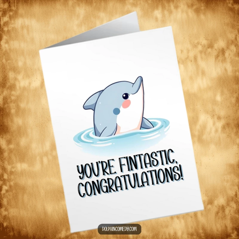 Funny Free Printable Congratulations Card: A curious dolphin emerges from the sea, its eyes looking up in amazement.