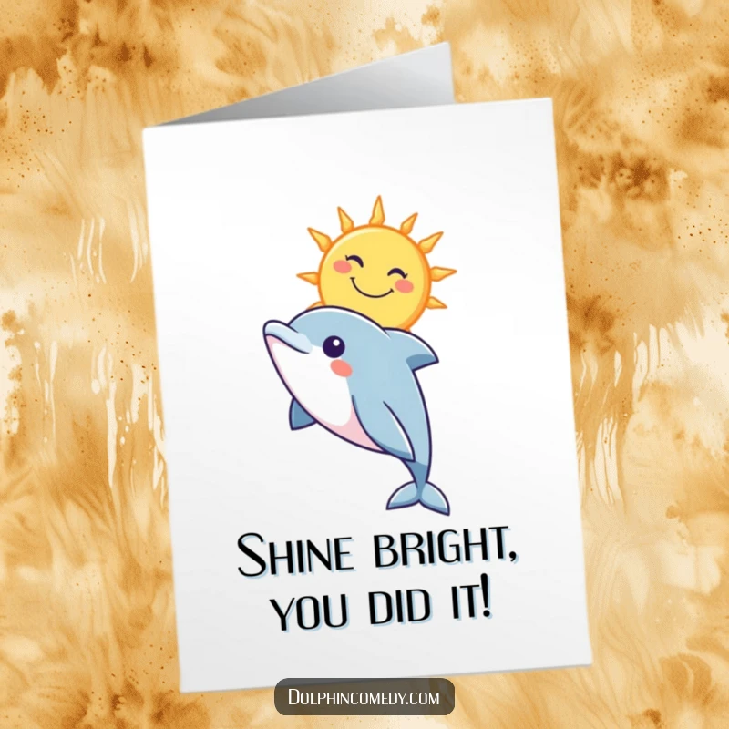 Funny Free Printable Dolphin Congratulations Card showing a curious dolphin looking up at a sunny, happy sky.