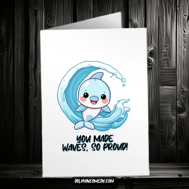 Funny Free Printable Congratulations Card: Joyful Dolphin Playing with a Playful Wave, Celebrating Your Success