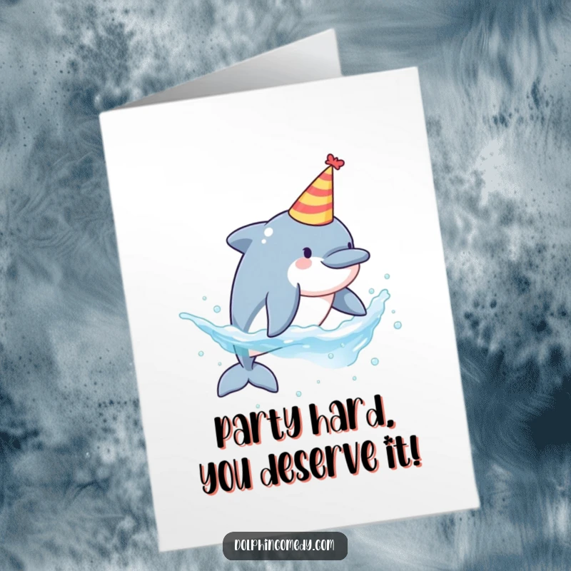 Humorous free printable congratulations card of a dolphin wearing a party hat, splashing enthusiastically to celebrate.