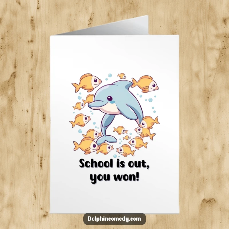 Funny Free Printable Congratulations Card: A dolphin surrounded by a lively school of fish, symbolizing unity and shared celebration.