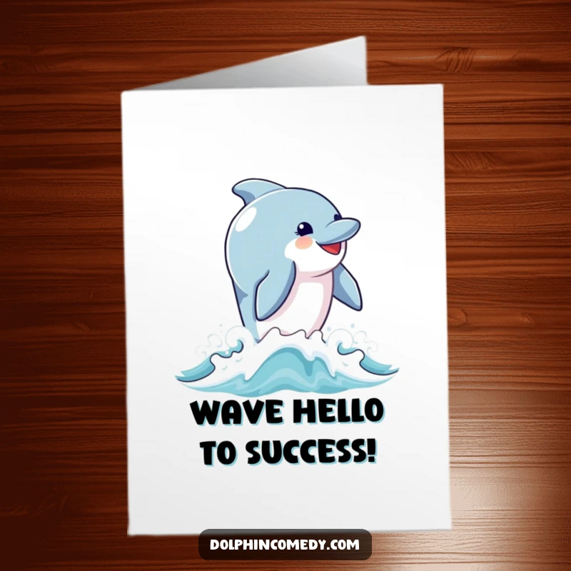Funny Free Printable Congratulations Card: A jubilant dolphin breaches waves, embodying excitement and success with a cheerful spirit.