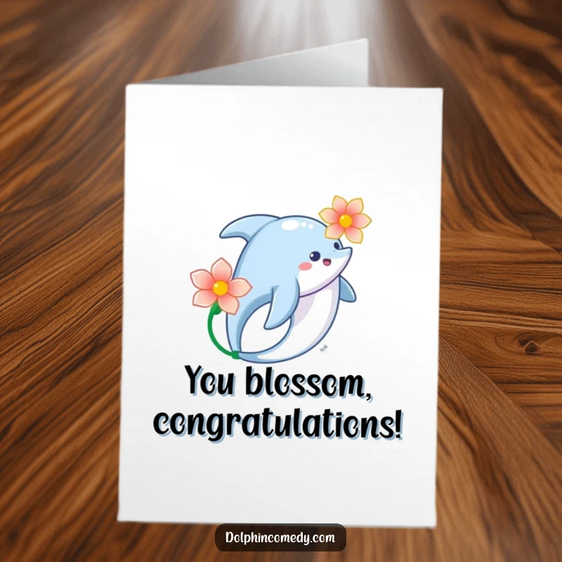 Funny Free Printable Congratulations Card: A dolphin gracefully swims holding a flower, symbolizing peaceful success, downloadable.