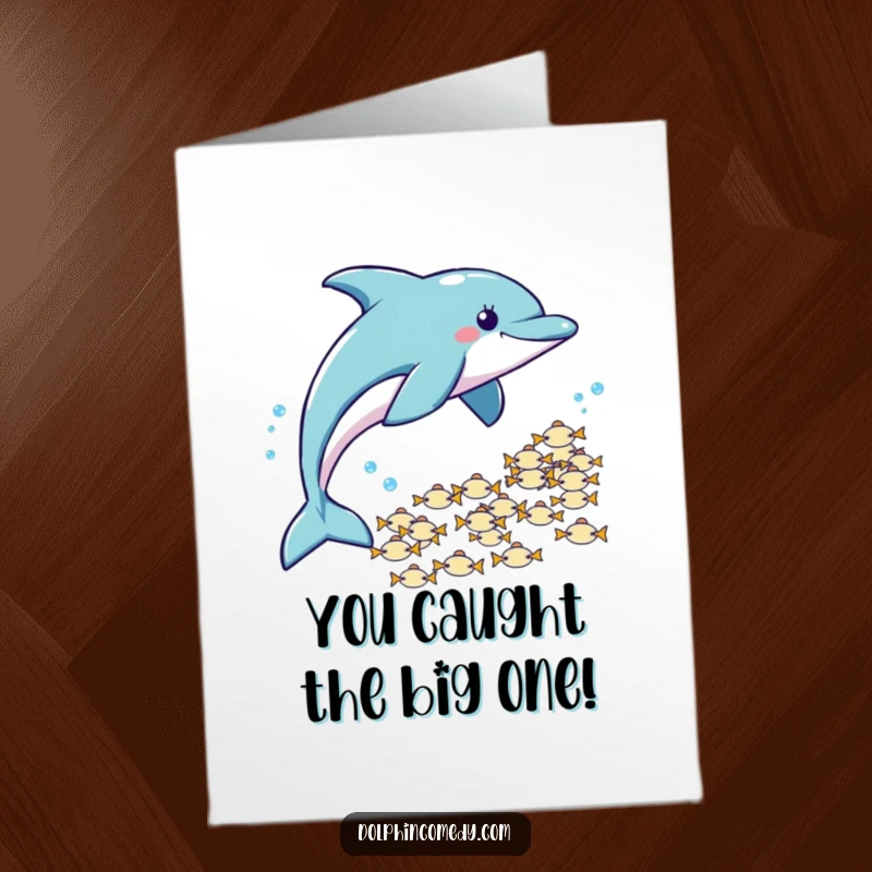 Free Printable Congratulations Card: Dolphin energetically chases a school of fish in a celebratory moment.