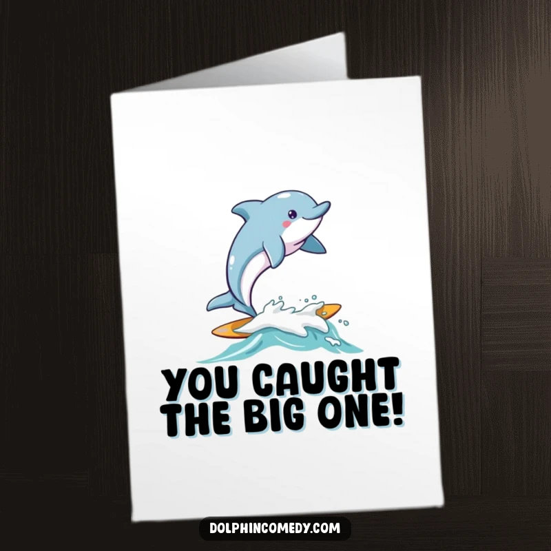 Free Printable Congratulations Card: Joyful dolphin rides a small wave, celebrating your fantastic success.