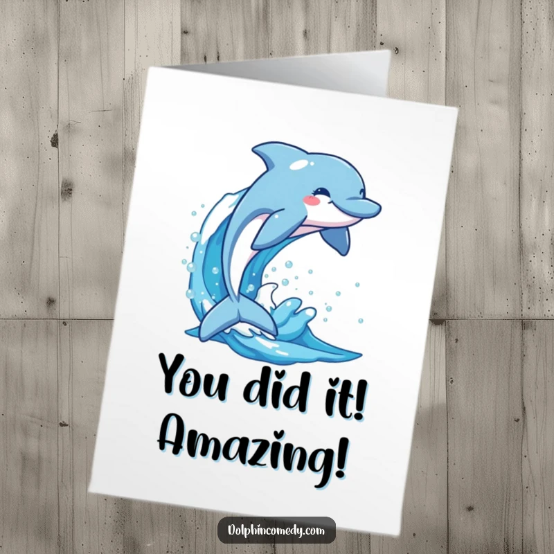 Funny Free Printable Congrats Card: A delighted dolphin arcs gracefully out of a shimmering blue wave.