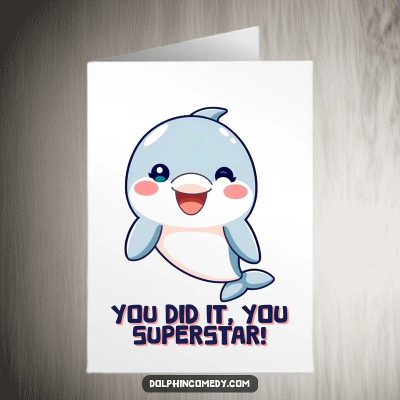 Funny free printable congratulations card featuring a beaming dolphin, perfect for acknowledging achievements with a playful touch.