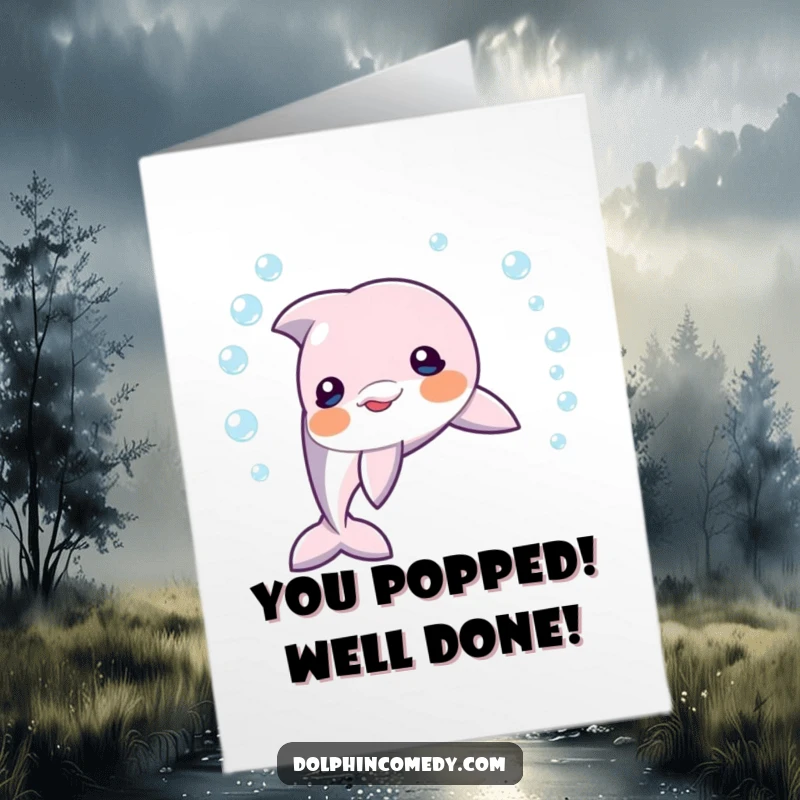Funny Free Printable Congrats Card: A playful dolphin expertly blows a perfect ring of shimmering bubbles.