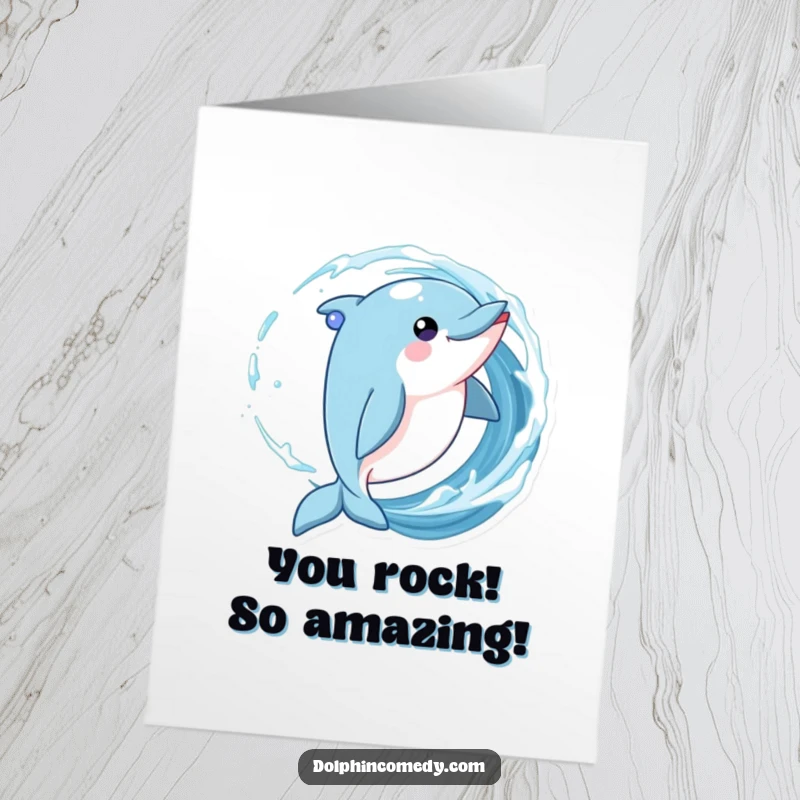 Funny free printable congratulations card: a playful dolphin twirling in a wave, eyes sparkling, celebrating success.