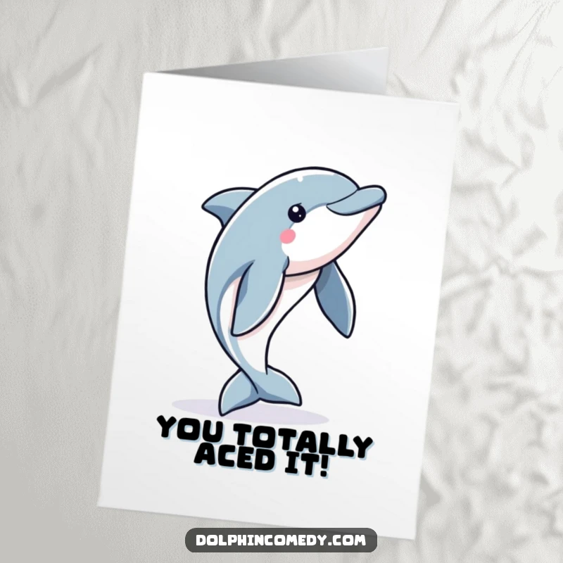 Funny Free Printable Congratulations Card: Energetic dolphin captured mid-jump celebrating a major success, ideal for any achievement.