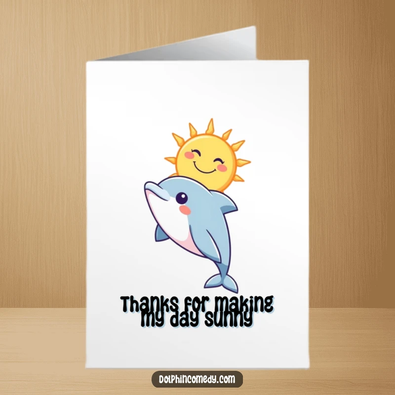 Funny Free Printable Dolphin Thank You Card with a curious dolphin looking up at a smiling sun.