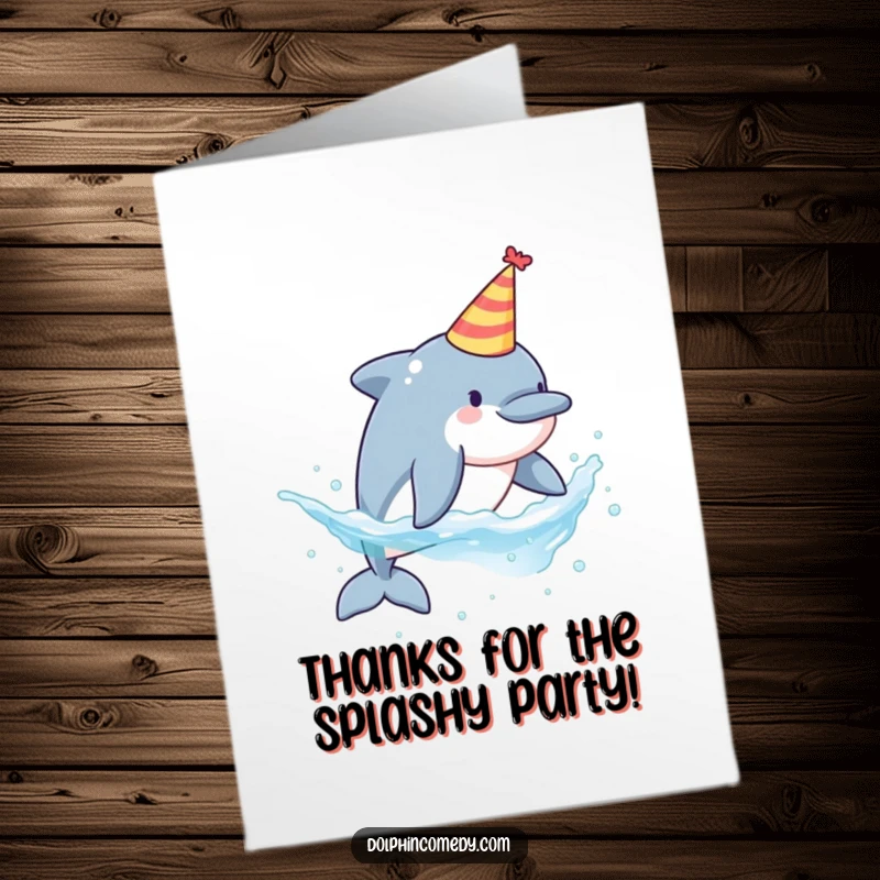 Funny free printable thank you card depicting a dolphin in a party hat, splashing playfully as a sign of thanks.