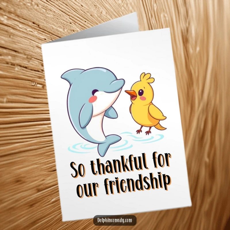 Funny Free Printable Thank You Card of a dolphin with a warm expression surfacing to greet a small, friendly bird.