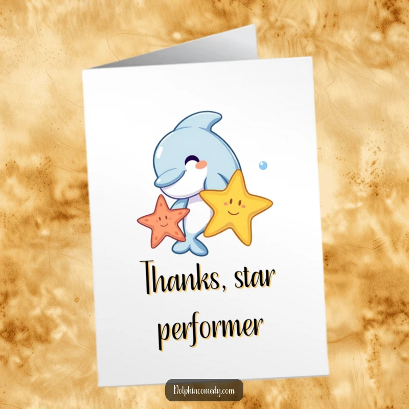 Funny Free Printable Thank You Card: A dolphin and starfish playing underwater, conveying thanks with a cheerful vibe, DIY present.