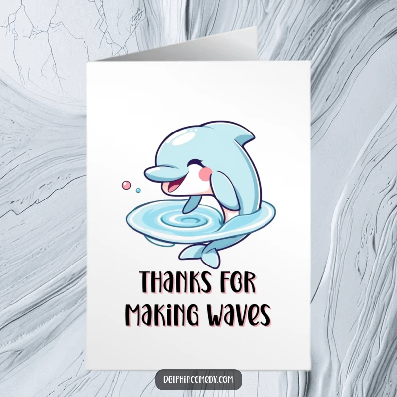 Funny Free Printable Thank You Card: Dolphin with a huge grin blows a perfect water ring in gratitude.
