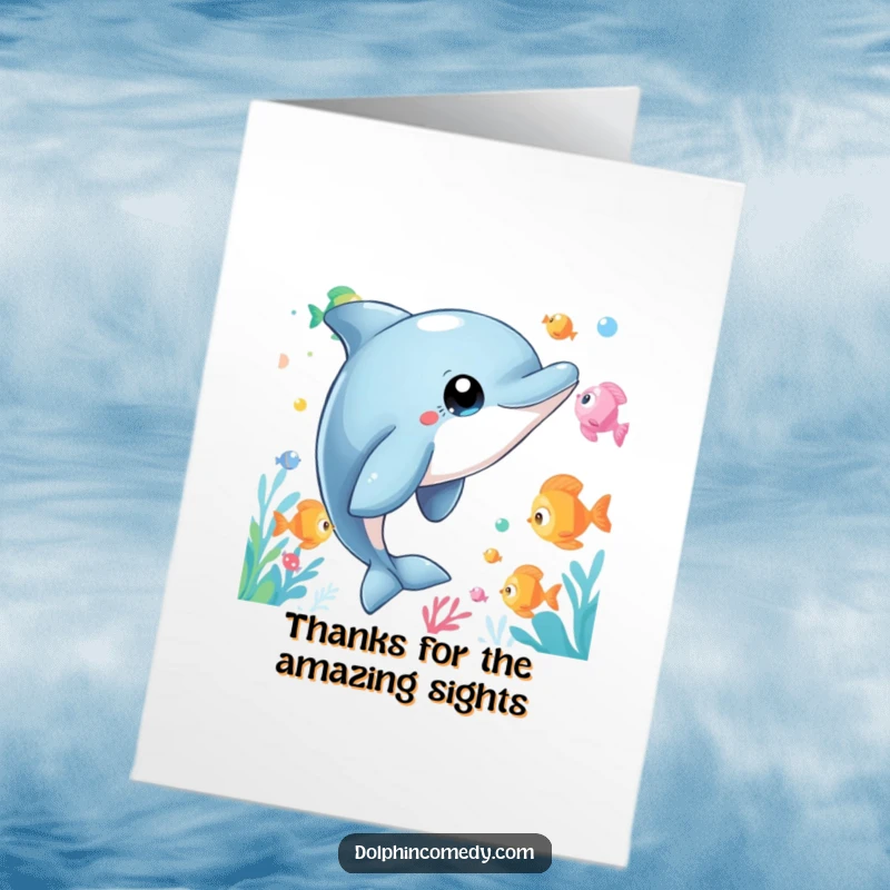 Funny Free Printable Thank You Card: A dolphin with large eyes watches colorful fish swim by with humorous fascination.