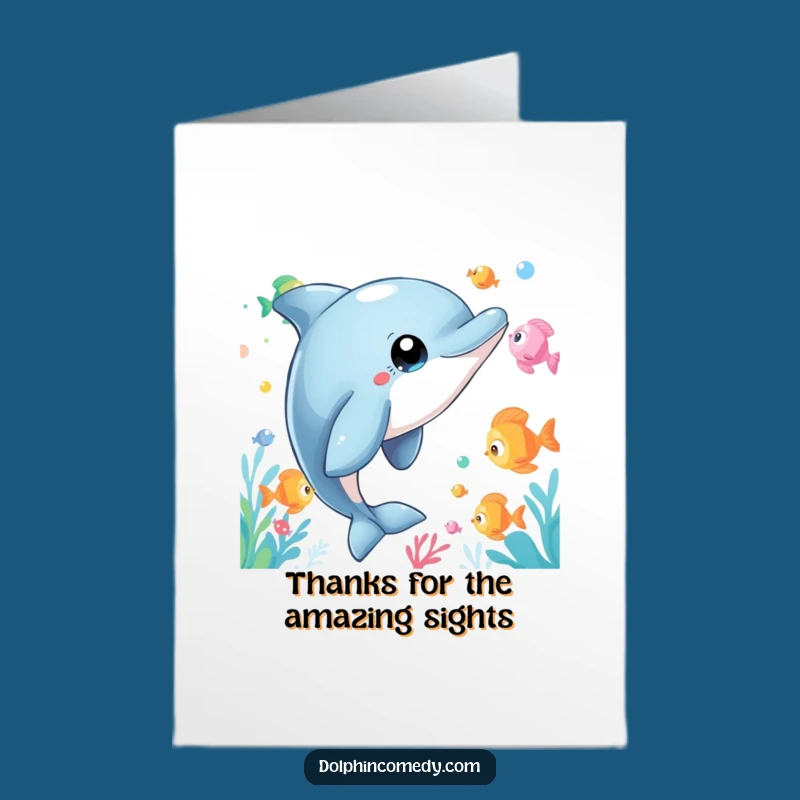 Free Printable Thank You Card: Wide-Eyed Dolphin's Wonder for Hilarious Gratitude