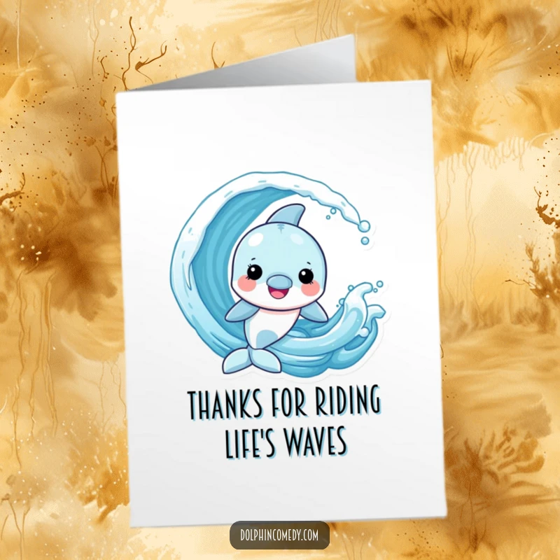 Funny Free Printable Thank You Card: Cheerful Dolphin Playing with a Playful Wave, Expressing Gratitude