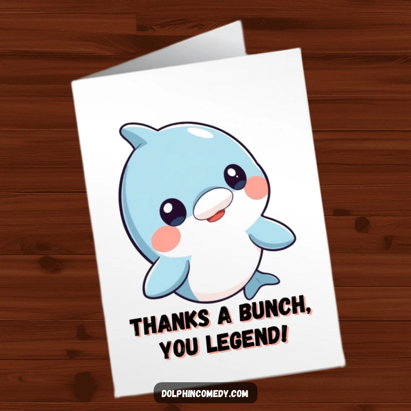 Funny Free Printable Thank You Card featuring a curious dolphin character bobbing its head in gratitude.