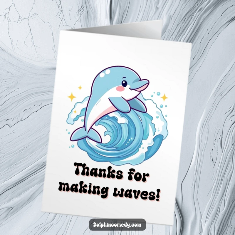 Funny Free Printable Dolphin Thank You Card: A cheerful dolphin gracefully leaps through a sparkling wave.