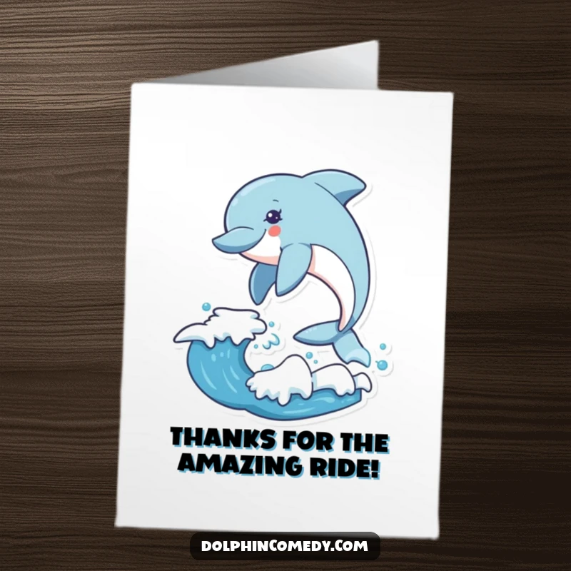 Funny Free Printable Thank You Card of an overjoyed dolphin leaping exuberantly over a cresting wave.