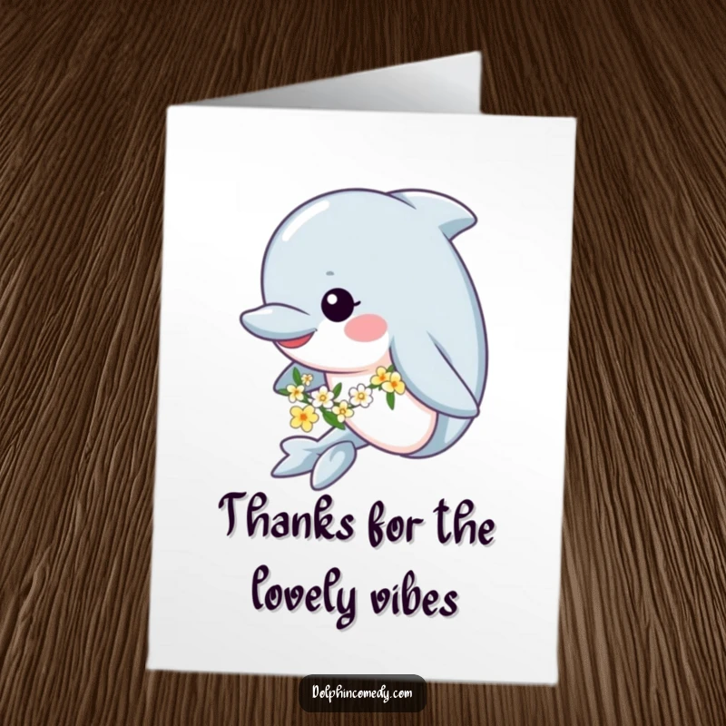 Funny Free Printable Thank You Card: A happy dolphin with a flower garland swims peacefully, conveying heartfelt gratitude with floral elegance.