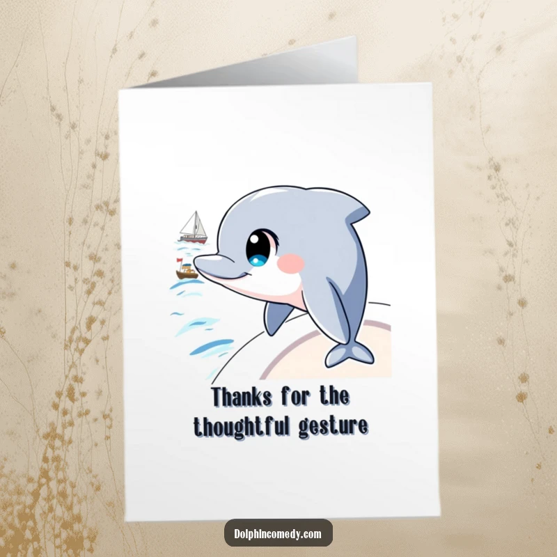 Funny Free Printable Thank You Card: A dolphin with intelligent eyes watches a boat, reflecting thoughtful gratitude and quiet appreciation.