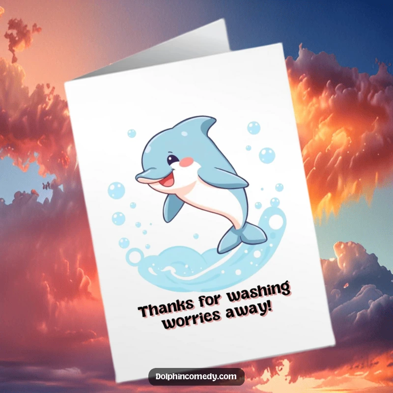 Funny Free Printable Dolphin Thank You Card: A smiling dolphin leaping joyfully through bubbles, a charming way to say thank you.