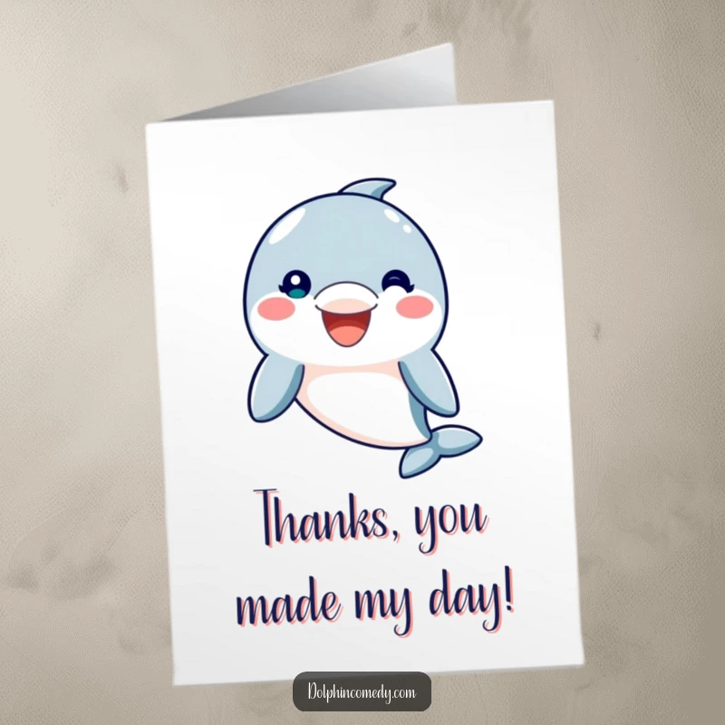 Funny free printable thank you card showcasing a dolphin with an enormous, heartwarming smile expressing sincere gratitude.