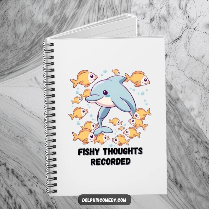 Funny notebook adorned with a dolphin interacting with a school of fish, ideal for jotting down underwater adventures.