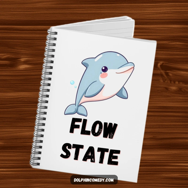 Funny Dolphin Notebook featuring a content dolphin gliding through water, ideal for writing with humorous serenity and aquatic inspiration.
